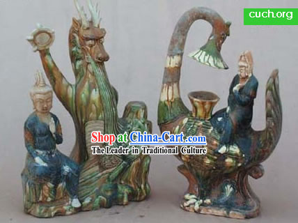 Chinese Classic Archaized Tang San Cai Statue-Phoenix and Dragon