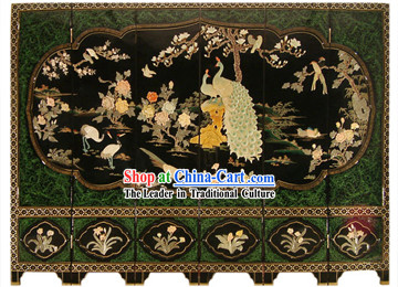 Chinese Hand Made Lacquer Ware Screen-Peacock Flowers Birds