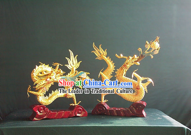Chinese Gold Brass Cloisonne Lucky Dragon Pair