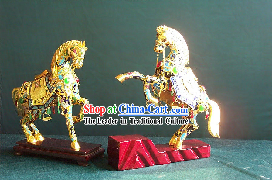 Chinese Classic Gold Brass Cloisonne Horse Pair