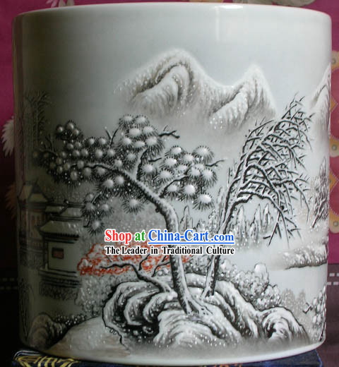 Chinese Large Jingde Town Ceramics Landscape Snow Scape Brush Pot