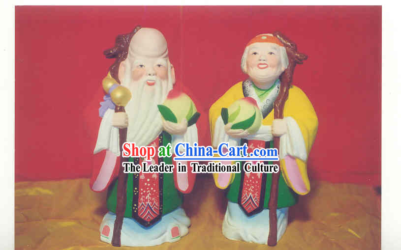 Chinese Hand Painted Sculpture Art of Clay Figurine Zhang-Healthy and Happy Old Couple