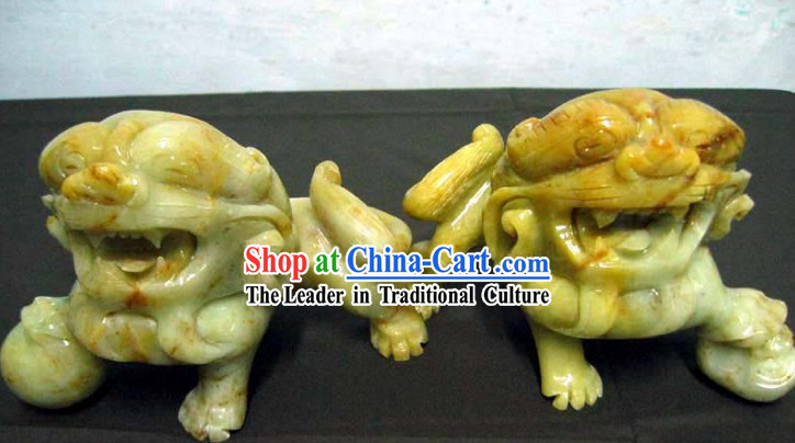 Chinese Classic Hand Carved Jade Lion King Pair