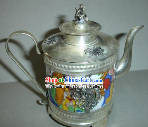 Chinese Tang Dynasty People Silver and Jade Kettle