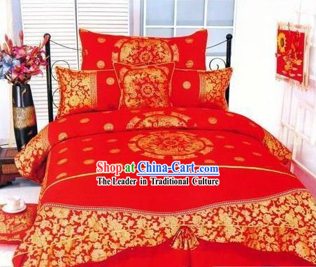 Chinese Traditional Cotton Wedding Bed Sheet Set_Four Pieces_-Dragon and Phoenix