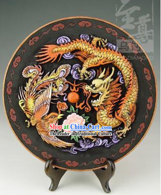 Chinese Hand Carved Healthy Active Carbon Round Plate-Dragon