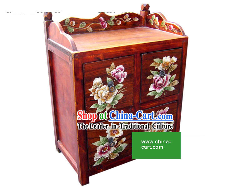 Chinese Red Hand Painted Flowery Four Drawers Storage Cabinet