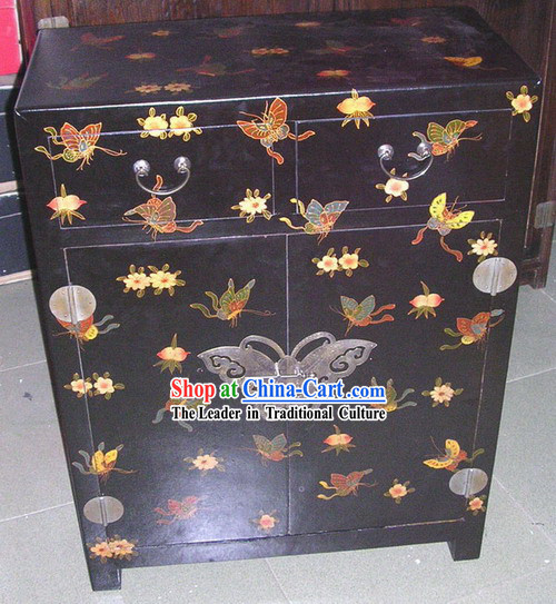 Chinese Hand Made Black Wood Butterfly Cabinet