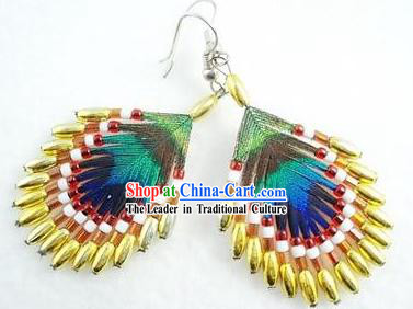 Hand Made Chinese Yi Minority Peacock Feather Earrings