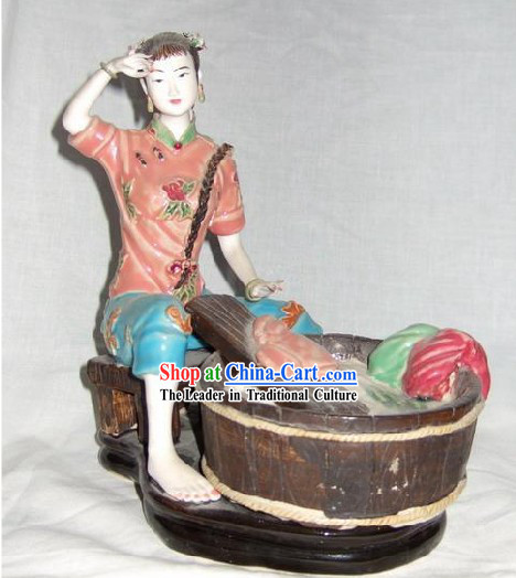Chinese Classical Shiwan Statue - Ancient Lady Washing Clothes