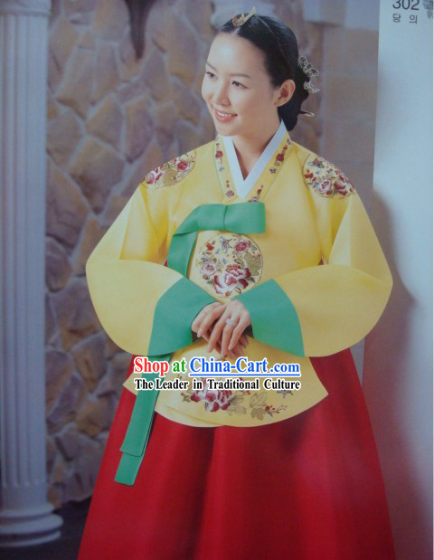 Supreme Korean Traditional Embroidered Dress Hanbok for Women _yellow_