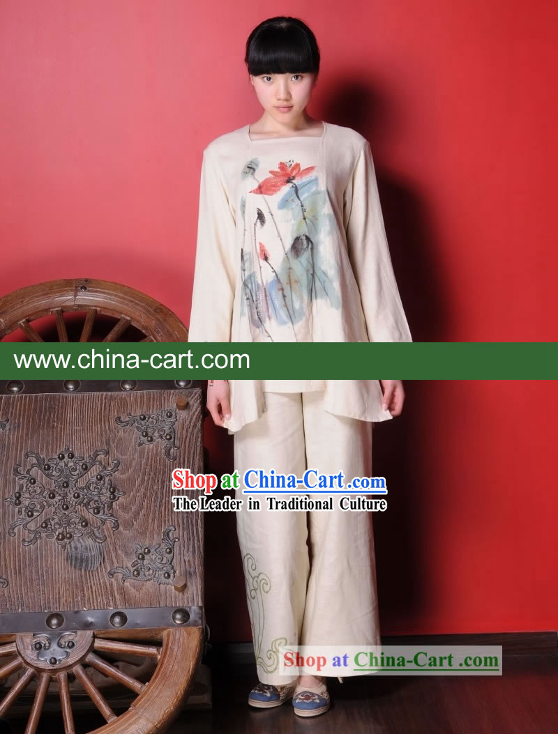 Chinese Classial Hand Painted Lotus Flax Clothing