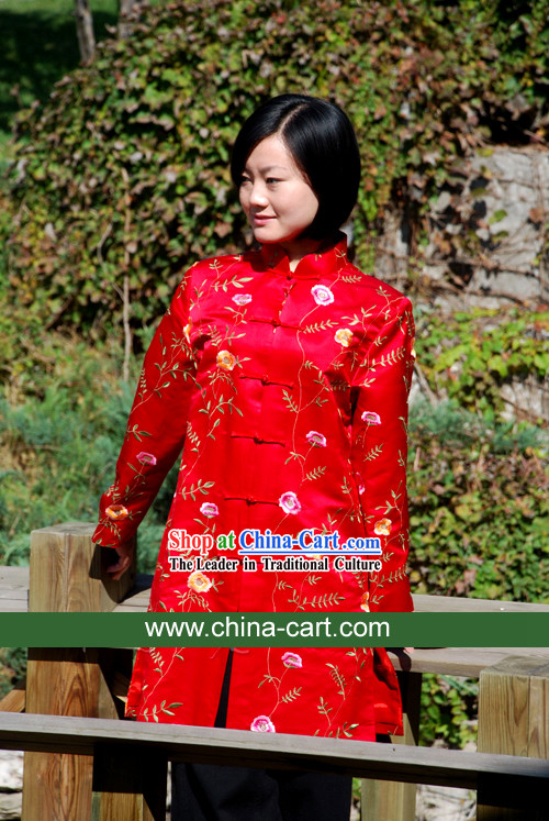 Chinese Traditional Lucky Red Handmade Flowery Blouse