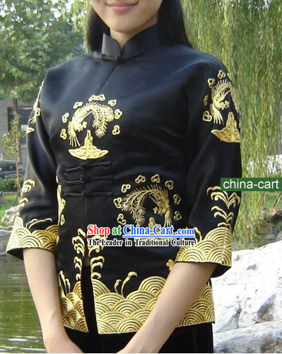 Chinese Classical Gold Handmade and Embroidered Cranes Silk Blouse for Women