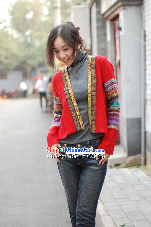 Chinese Traditional Lucky Red Folk Flax Blouse for Women