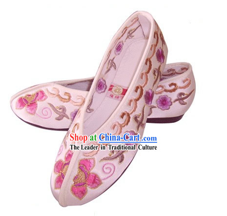 Chinese Traditional Handmade Embroidered Princess Satin Shoes _various flower, pink_