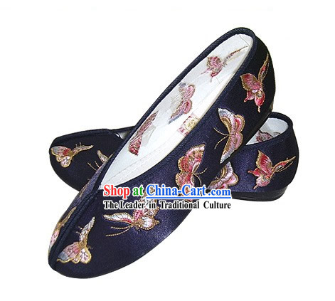 Chinese Traditional Handmade Embroidered Butterfly Satin Shoes _blue_