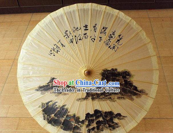Traditional Chinese Hand Painting Ancient Landscape Beach, Rain and Sun Umbrella