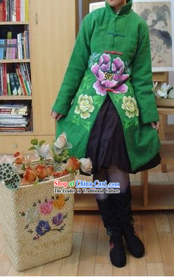 Chinese Classic Mandarin Green Large Flower Winter Outercoat