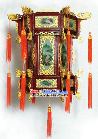 Large Traditional Chinese Hand Carved Natural Wood Palace Lantern