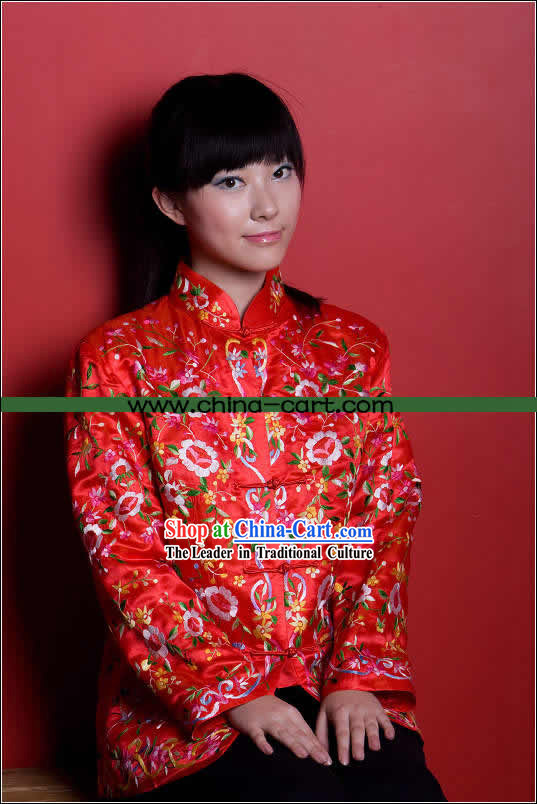 Traditional Chinese Stunning Hand Embroidered Red Flower Coat _Tang Suit_