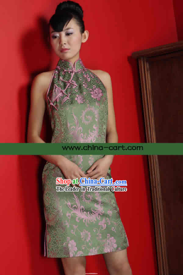 Classical Green Phoenix Tail Silk Cheongsam