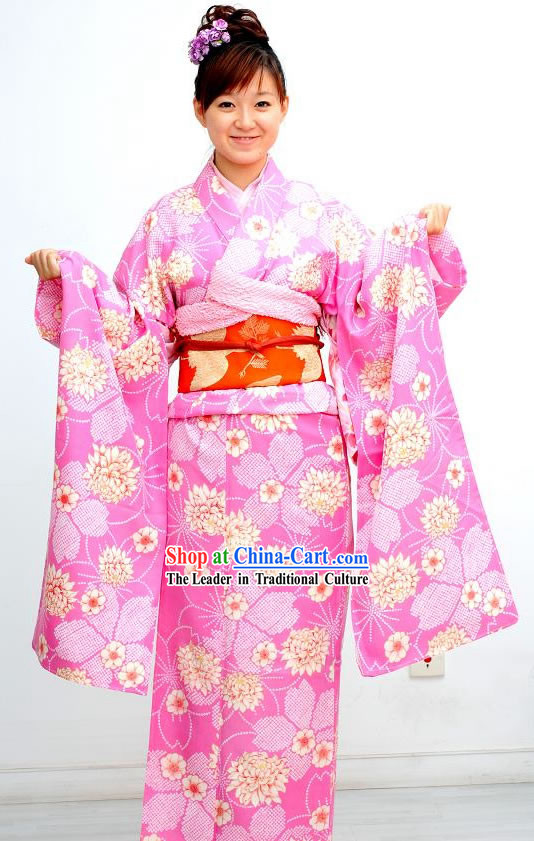 Traditional Pink Flowery Japanese Kimono Handbag and Geta Complete Set