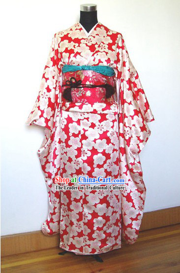 Traditional Japanese Plum Blossom Kimono Handbag and Geta Full Set