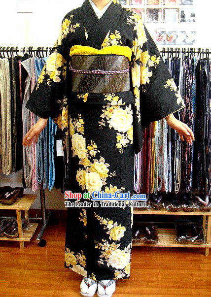 Traditional Japanese Black Peony Kimono and Belt Set
