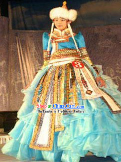 Chinese Romantic Blue Mongolian Long Robe and Hat Complete Set for Women