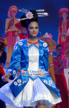 China Minority Blue Costume and Hat Set