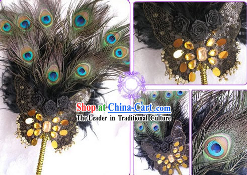 Black Chinese Classic Palace Peacock Feather Fan