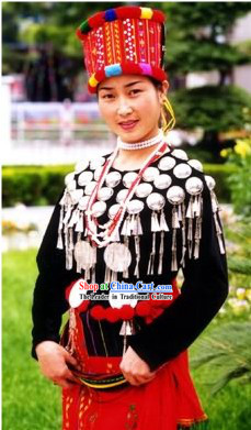 Chinese Jingpo Minority Traditional Dress and Hat Complete Set for Women