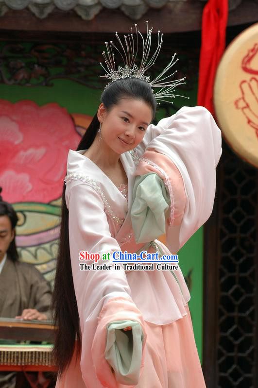 Ancient China Jin Dynasty Chinese Costume Zhu Yingtai Long Sleeve Costumes and Headpiece Set in Butterfly Lovers