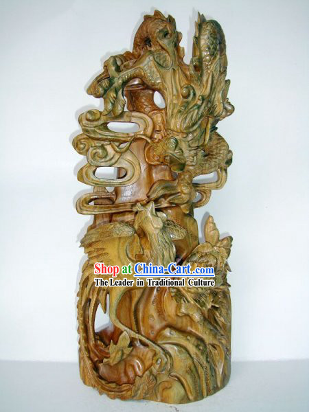 Supreme Handmade Wood Sculpture - Dragon and Phoenix