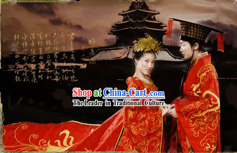 Supreme Chinese Traditional Embroidered Bride and Bridegroom Wedding Dress and Hat Complete 2 Sets