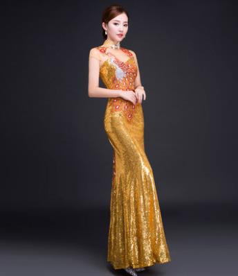 Chinese Classical Golden Silk Peony Cheongsam