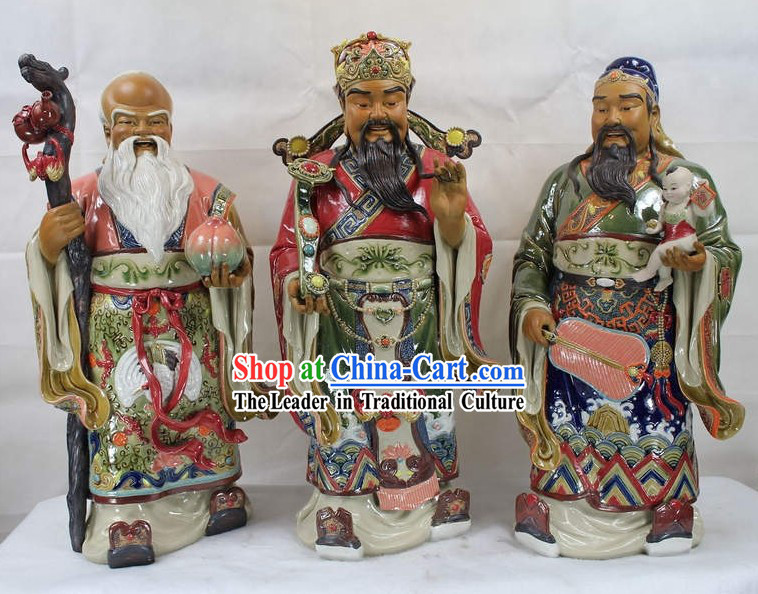 Large Three Stars Chinese Shiwan Ceramic Figurine