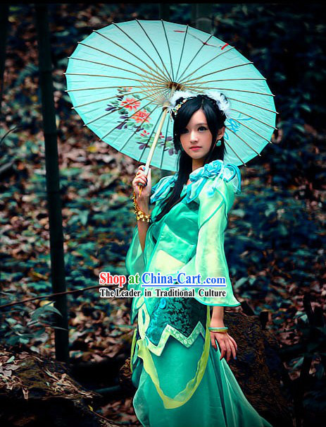 Ancient Chinese Green Fairy Costume and Hair Accessories