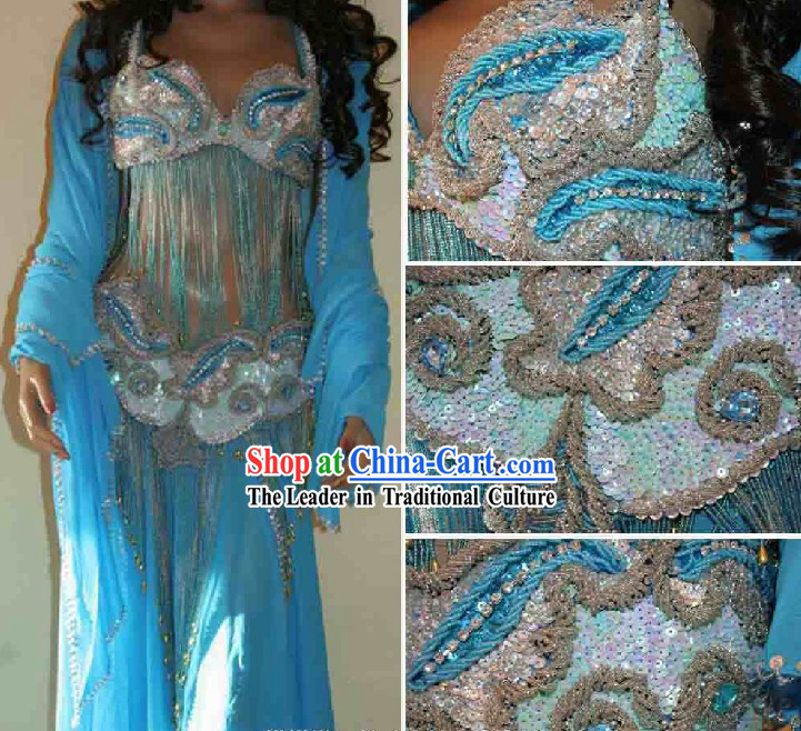 Top Competition Long Blue Belly Dance Costumes Complete Set for Women