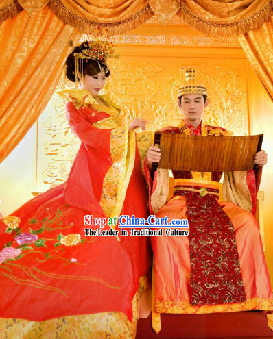 Traditional Chinese Bride and Bridegroom Wedding Dress and Hair Decoration 2 Sets