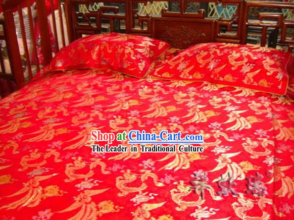 Beijing Rui Fu Xiang Silk Red Dragon Phoenix Wedding Bed Sheet Pillowships Set