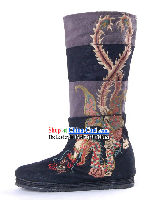 Traditional Chinese Handmade Embroidered Dragon Phoenix Boots
