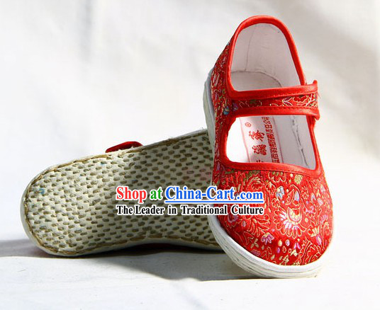 Chinese Handmade Bu Ying Zhai Red Brocade Shoes for Children