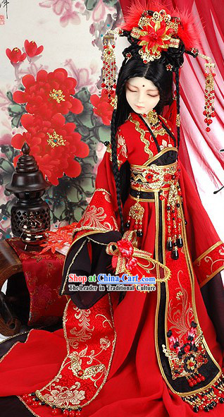 Ancient Chinese BJD Costumes Princess Wedding Dress and Hair Accessories Complete Set
