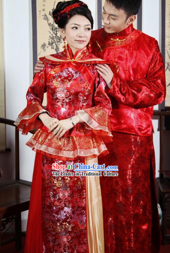 Traditional Chinese Red Wedding Garment 2 Sets for Men and Women