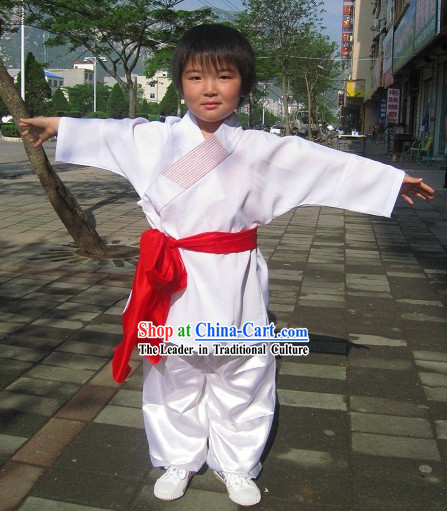 Traditional Chinese White Embroidered Lotus Kung Fu Tai Chi Uniform for Kids
