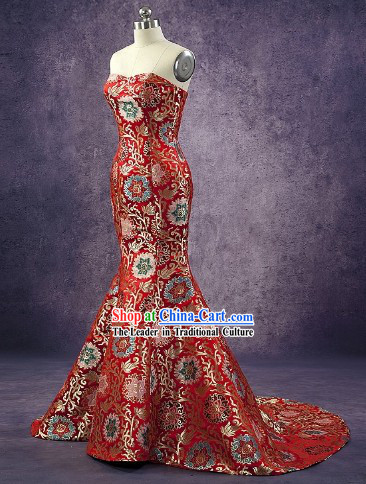 Long Tail Chinese Classic Red Wedding Dress for Women