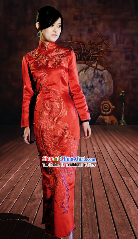 Classical Chinese Red Phoenix Qipao Clothing for Women