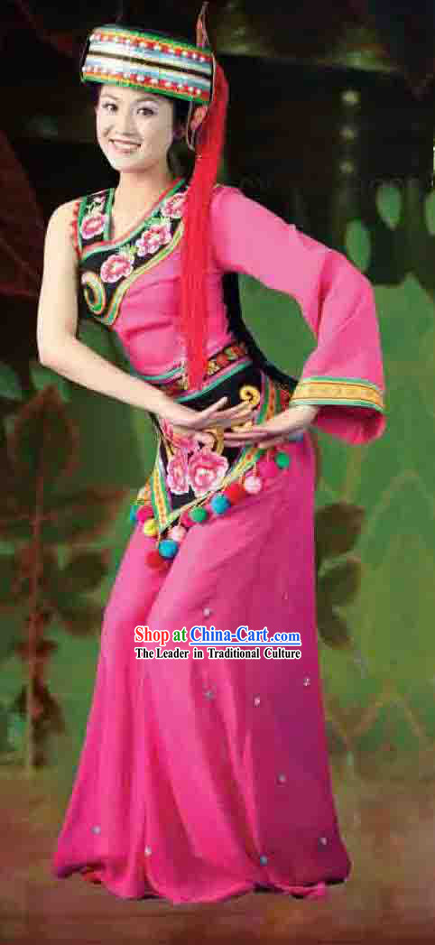 Chinese Yi Ethnic Minority Clothing and Hat for Women